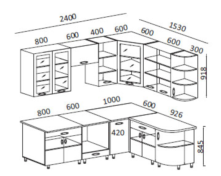 Угловой мебель для кухни размер